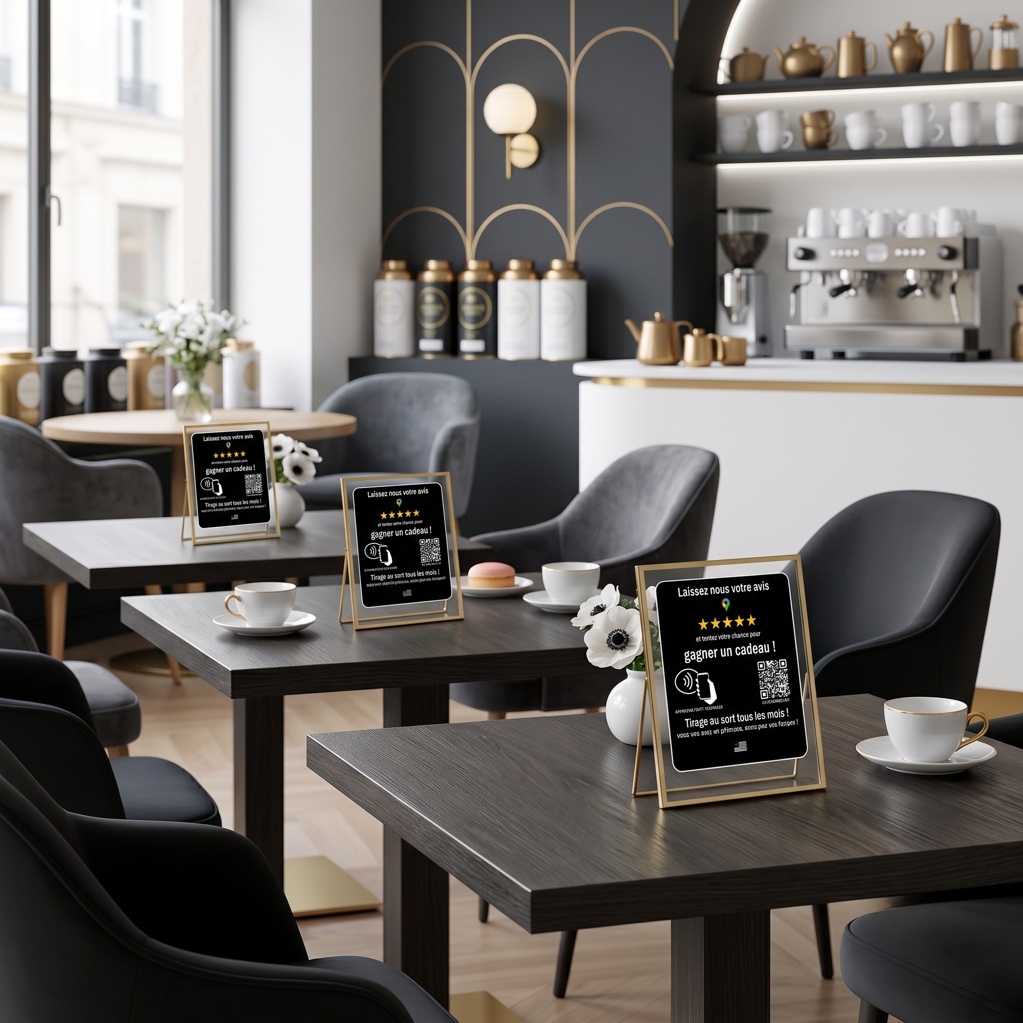 Plusieurs tables de café contemporaines en bois sombre, associées à des fauteuils noirs, arborant chacune un petit cadre doré avec un QR code d'avis client.