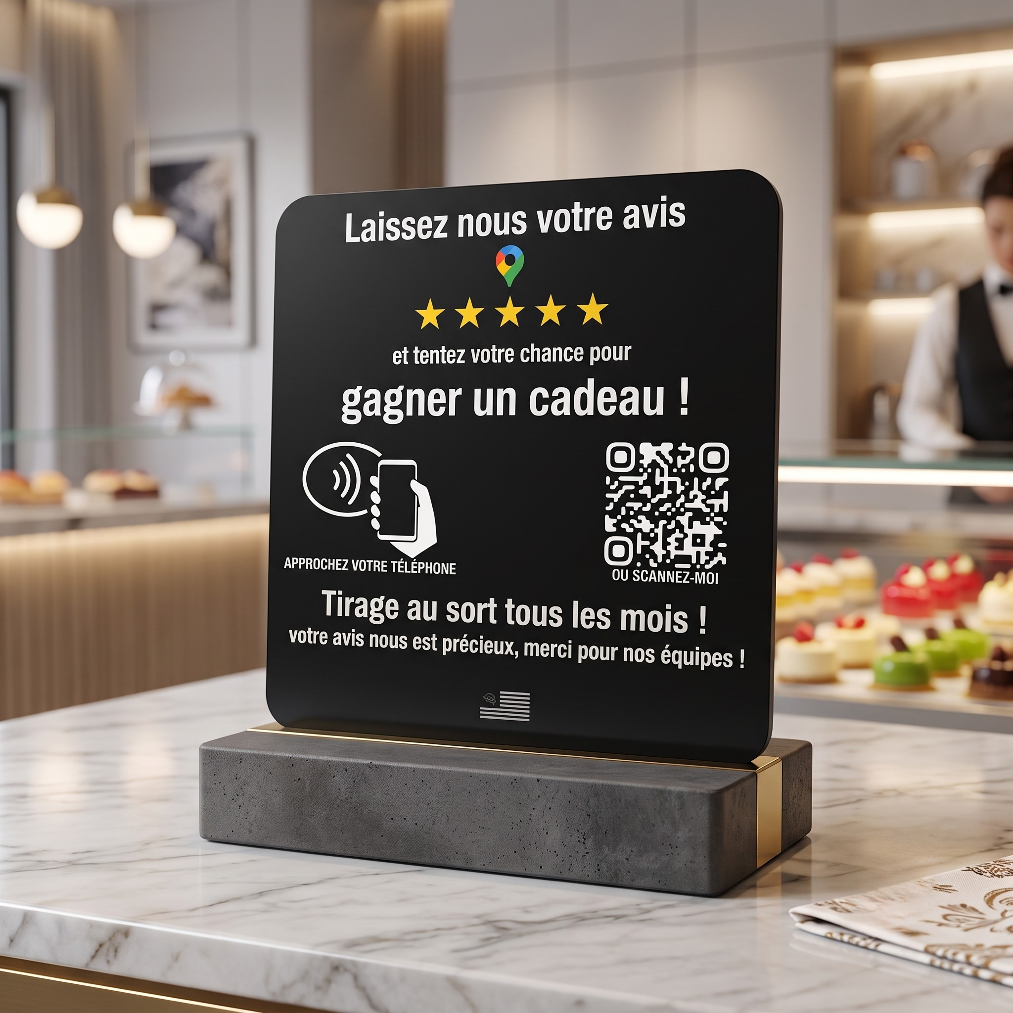 Un présentoir d'avis connecté noir posé sur un comptoir en marbre, invitant à laisser un avis via QR code ou NFC pour un tirage au sort.