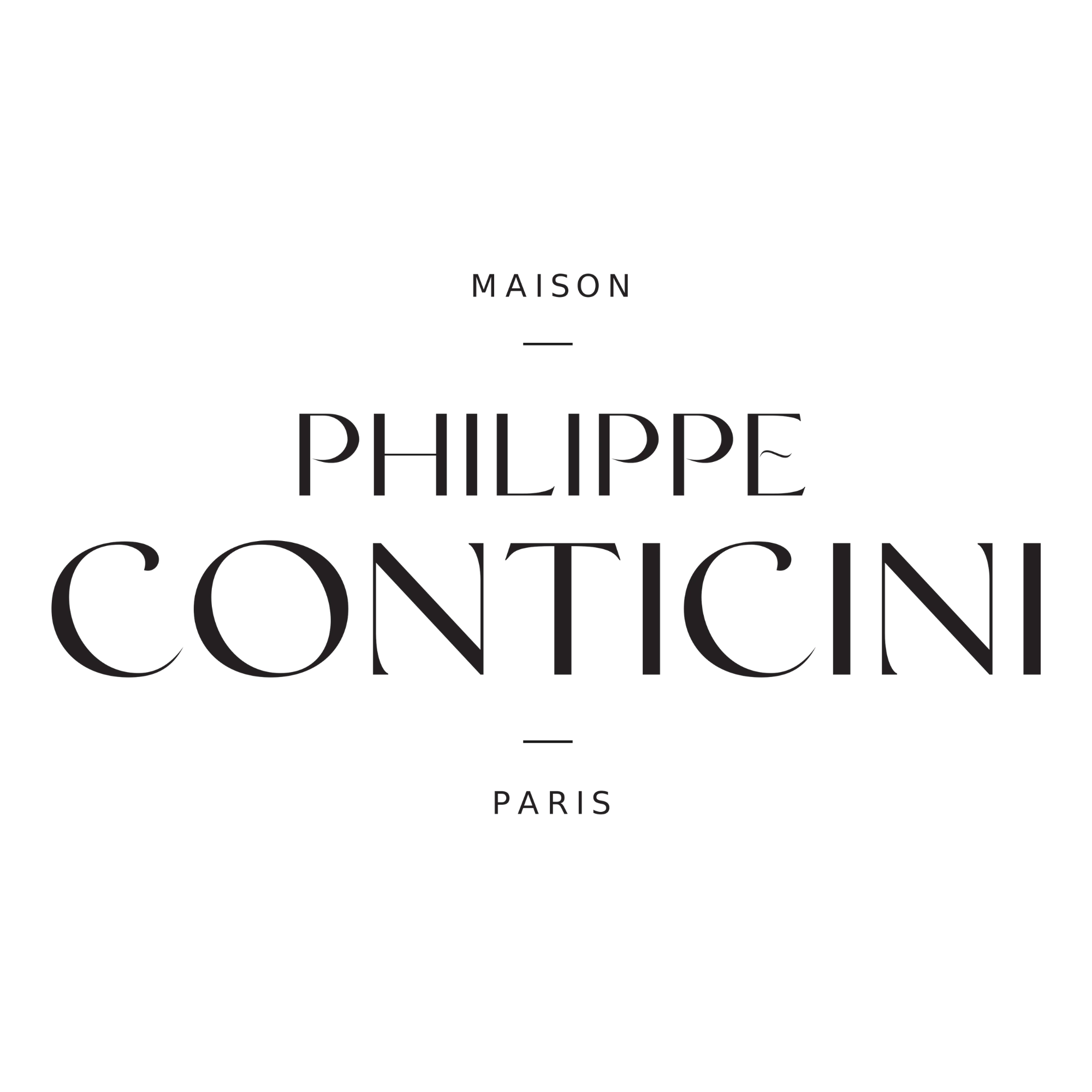 Logo épuré de la Maison Philippe Conticini Paris, exemple de création d'identité de marque, storytelling et packaging de luxe.