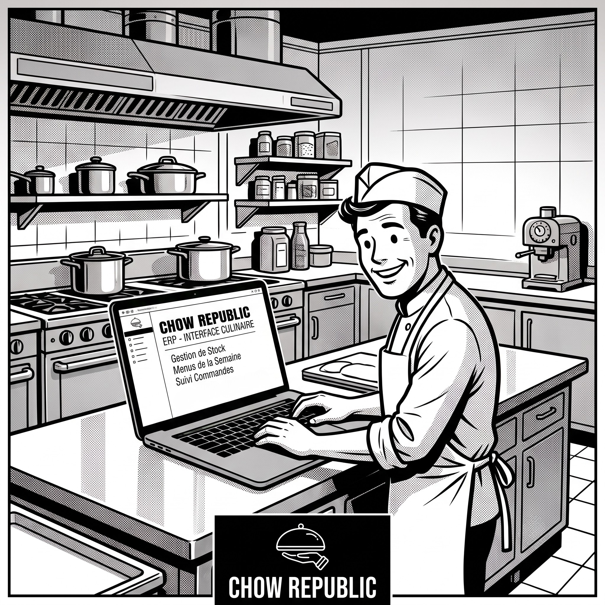 Une illustration en noir et blanc, style bande dessinée rétro, d'un chef cuisinier souriant travaillant sur un ordinateur portable dans une cuisine professionnelle. L'écran de l'ordinateur affiche l'interface 'CHOW REPUBLIC ERP'.