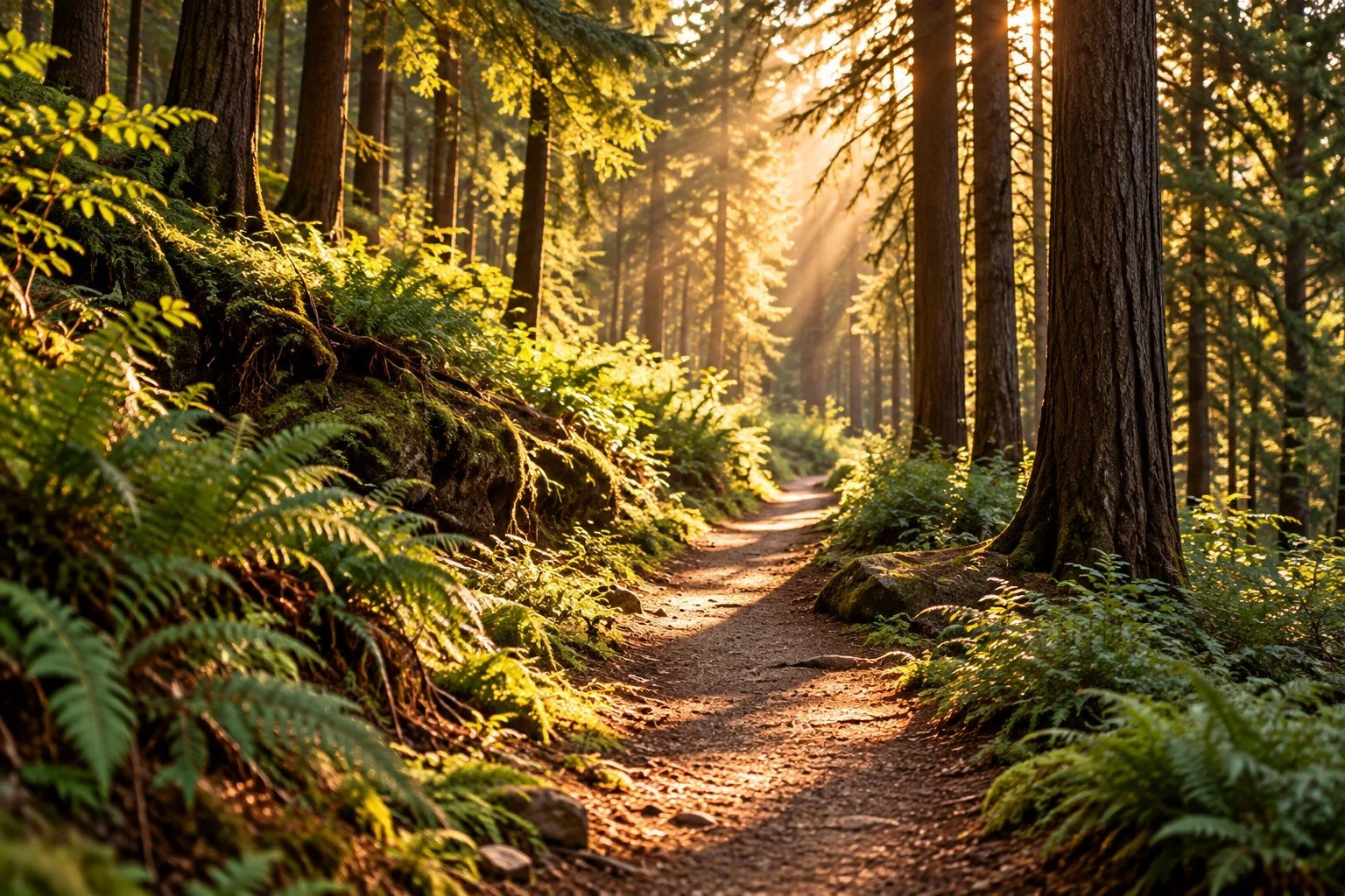 Sunlight filters through a dense forest with tall trees and a narrow dirt trail winding through lush green ferns and moss.