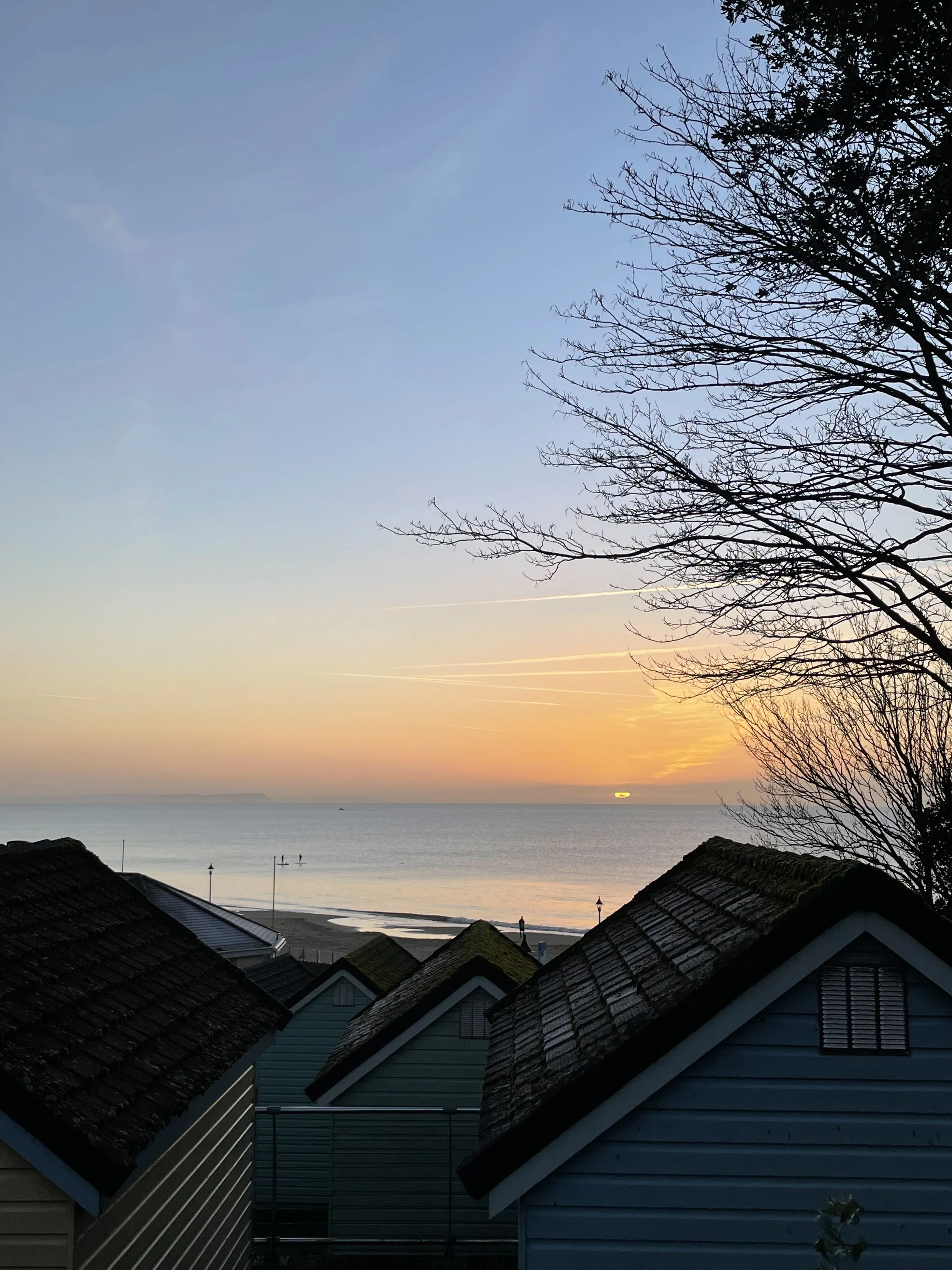 Sunset over the ocean viewed from behind houses with tiled roofs and trees in the foreground.