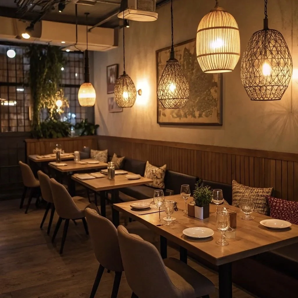 A cozy restaurant interior with wooden tables set with plates, glasses, and small decorative plants. Pendant lights with woven and wire frames hang from the ceiling, creating warm ambient lighting. There are cushioned chairs and a seating banquette against the wall with decorative pillows, and artwork on the wall. Large windows with a grid pattern are in the background, revealing an outdoor city scene at night.