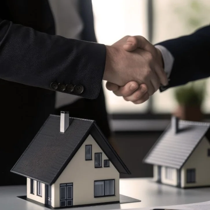 Two people in business attire shaking hands in a real estate office, with miniature house models on the table.
