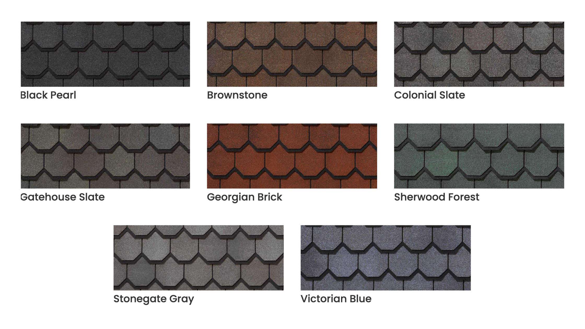 Sample of different roofing shingle styles and colors including Black Pearl, Brownstone, Colonial Slate, Gatehouse Slate, Georgian Brick, Sherwood Forest, Stonegate Gray, Victorian Blue.