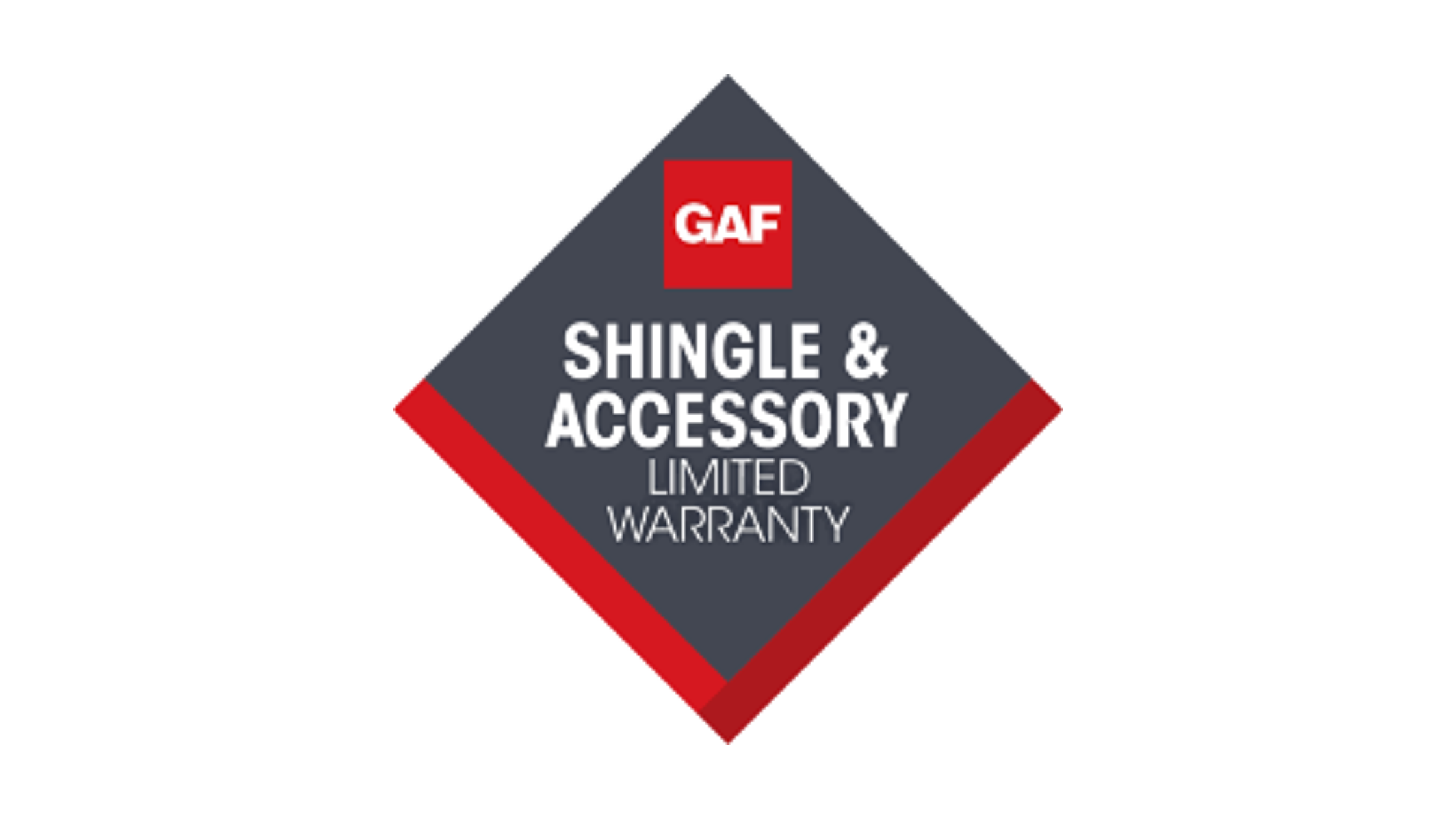 A product label with a diamond shape, featuring the brand 'GAF' in a red square at the top, and text indicating 'Shingle & Accessory Limited Warranty' on a dark gray background.