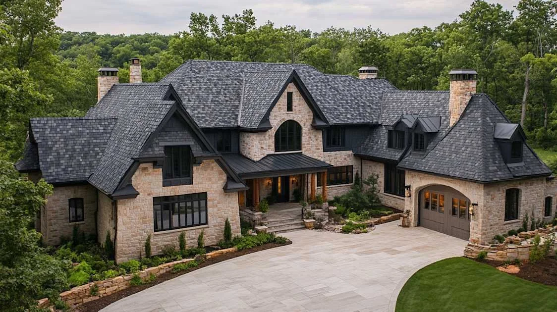 Large modern house with stone and dark roofing, situated in a wooded area, with a paved driveway and landscaped yard.