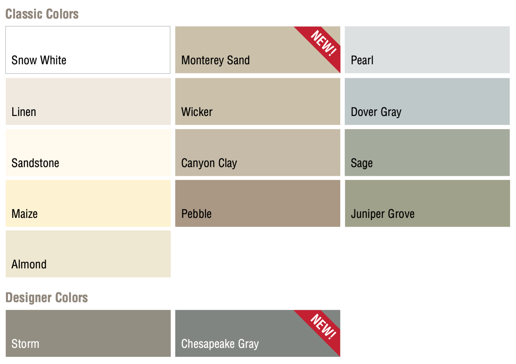 A chart showing classic and designer colors, with labels including Snow White, Linen, Sandstone, Maize, and Almond for classic colors, and Storm and Chesapeake Gray for designer colors; Monterey Sand marked as new and Pearl marked as new in the chart.