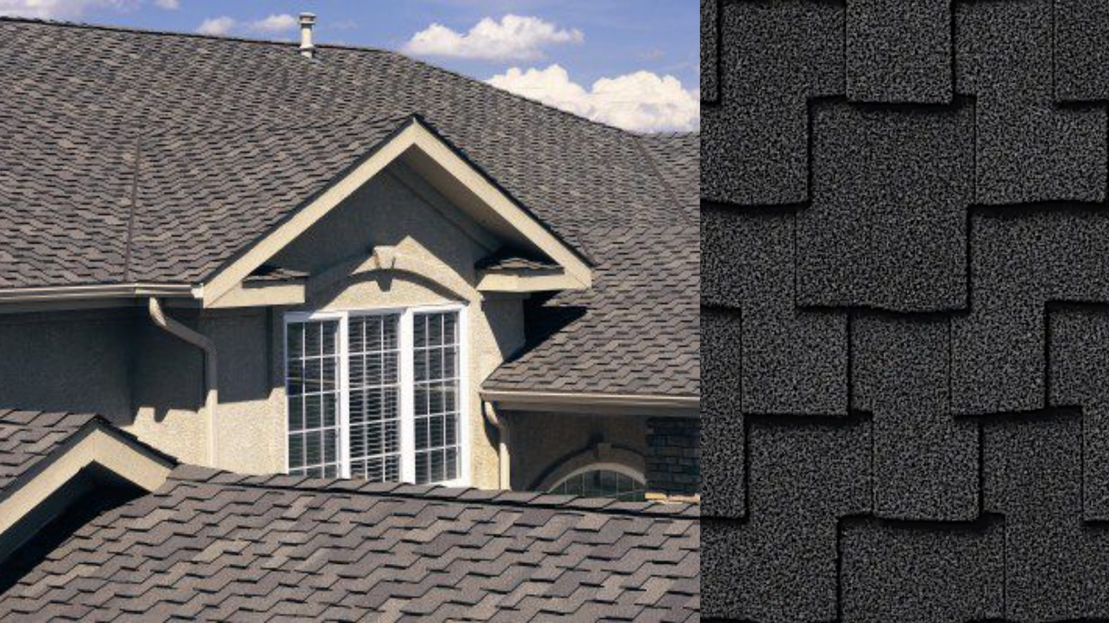 Image of a house's roof with asphalt shingles, showing the textured, overlapping dark gray shingles on some sections, and the house's front with beige siding, a large window with white frames, and a gabled roof with a round architectural detail