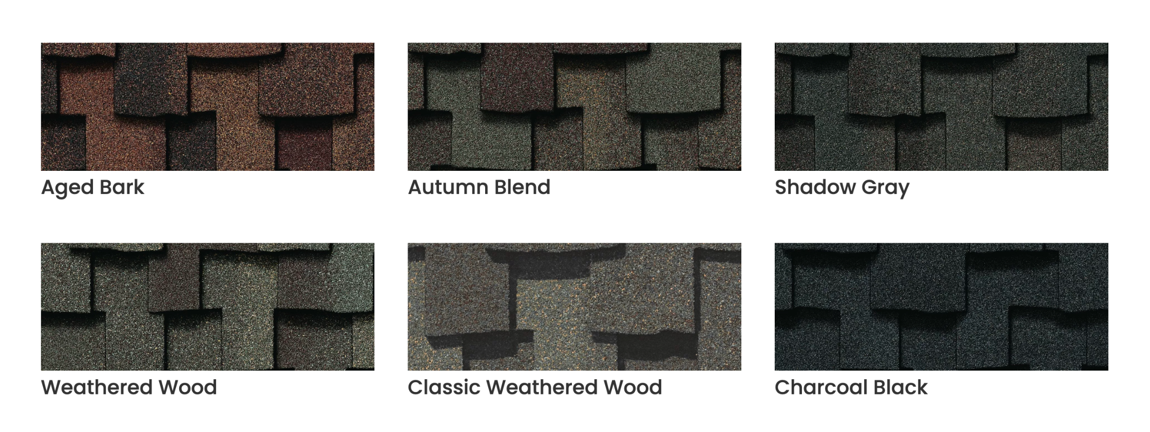 Samples of different asphalt shingle colors and textures, including Aged Bark, Autumn Blend, Shadow Gray, Weathered Wood, Classic Weathered Wood, and Charcoal Black.