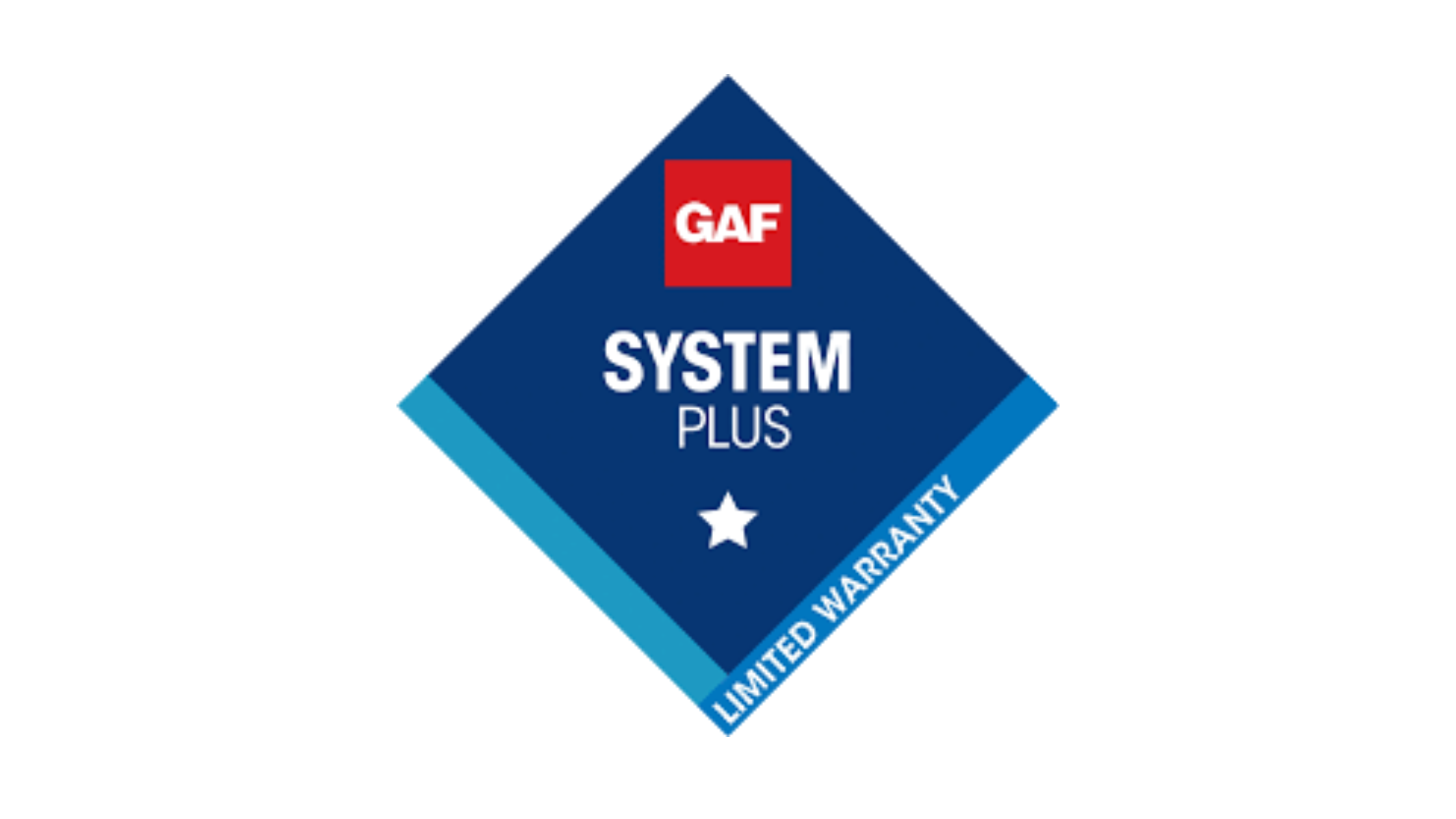 Label with GAF logo and blue diamond shape, reading 'System Plus' and 'Limited Warranty'.