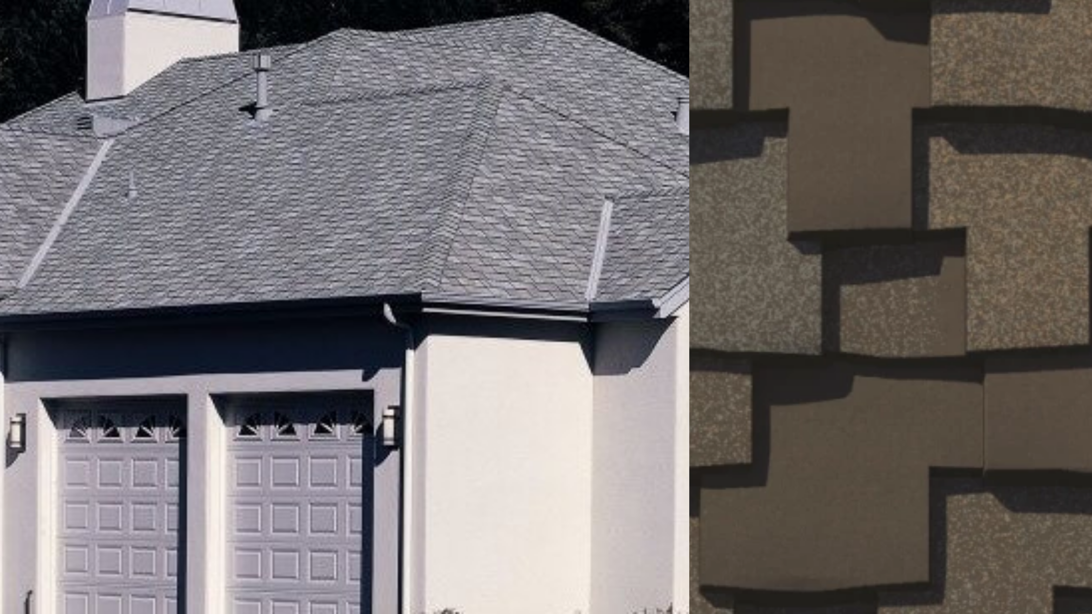 Side view of a residential house showing a shingled roof and a garage with a textured exterior wall.