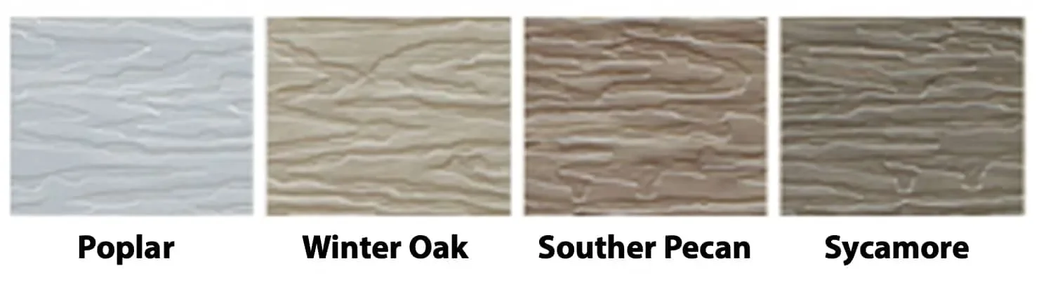 Samples of four different textured wood finishes: Poplar, Winter Oak, Southern Pecan, and Sycamore.