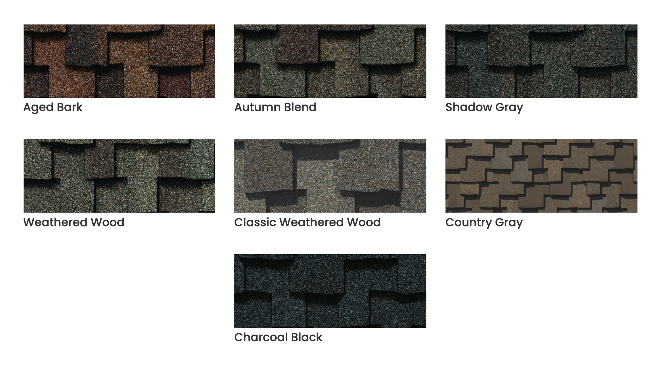 Sample of different roofing shingle styles including Aged Bark, Autumn Blend, Shadow Gray, Weathered Wood, Classic Weathered Wood, Country Gray, and Charcoal Black.