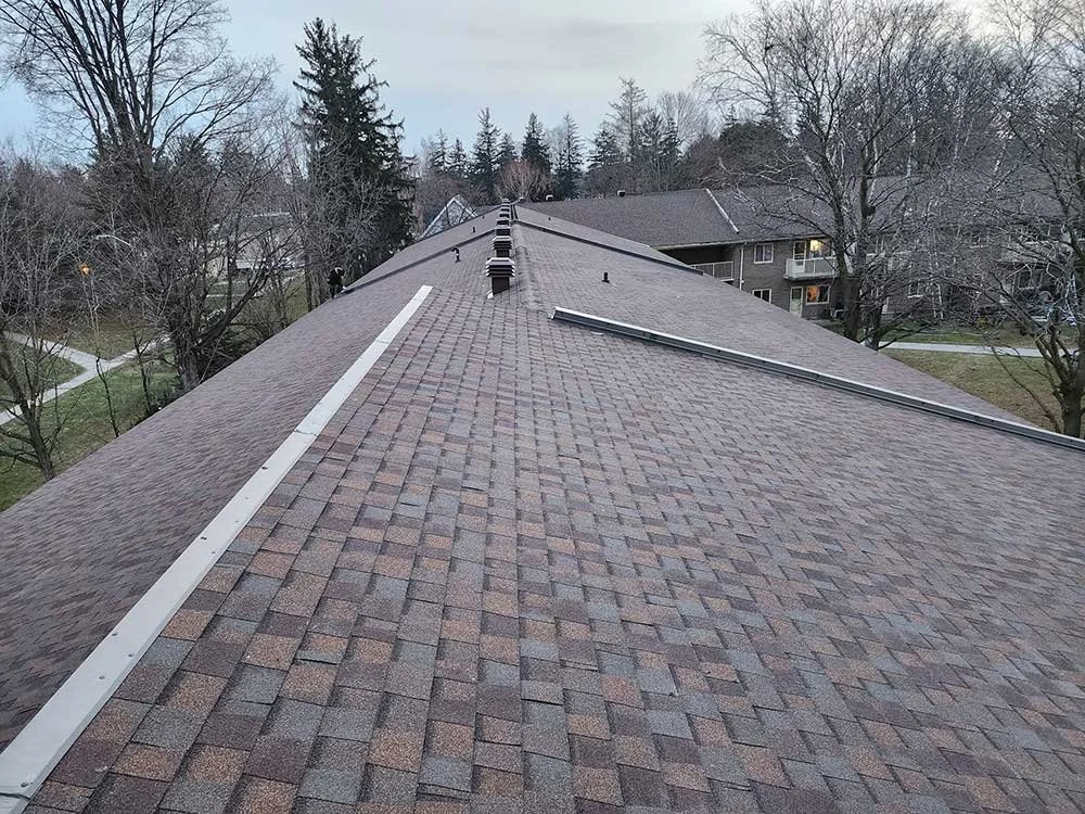 View from the rooftop of a residential building showing shingles, vents, and the surrounding neighborhood with trees and houses.