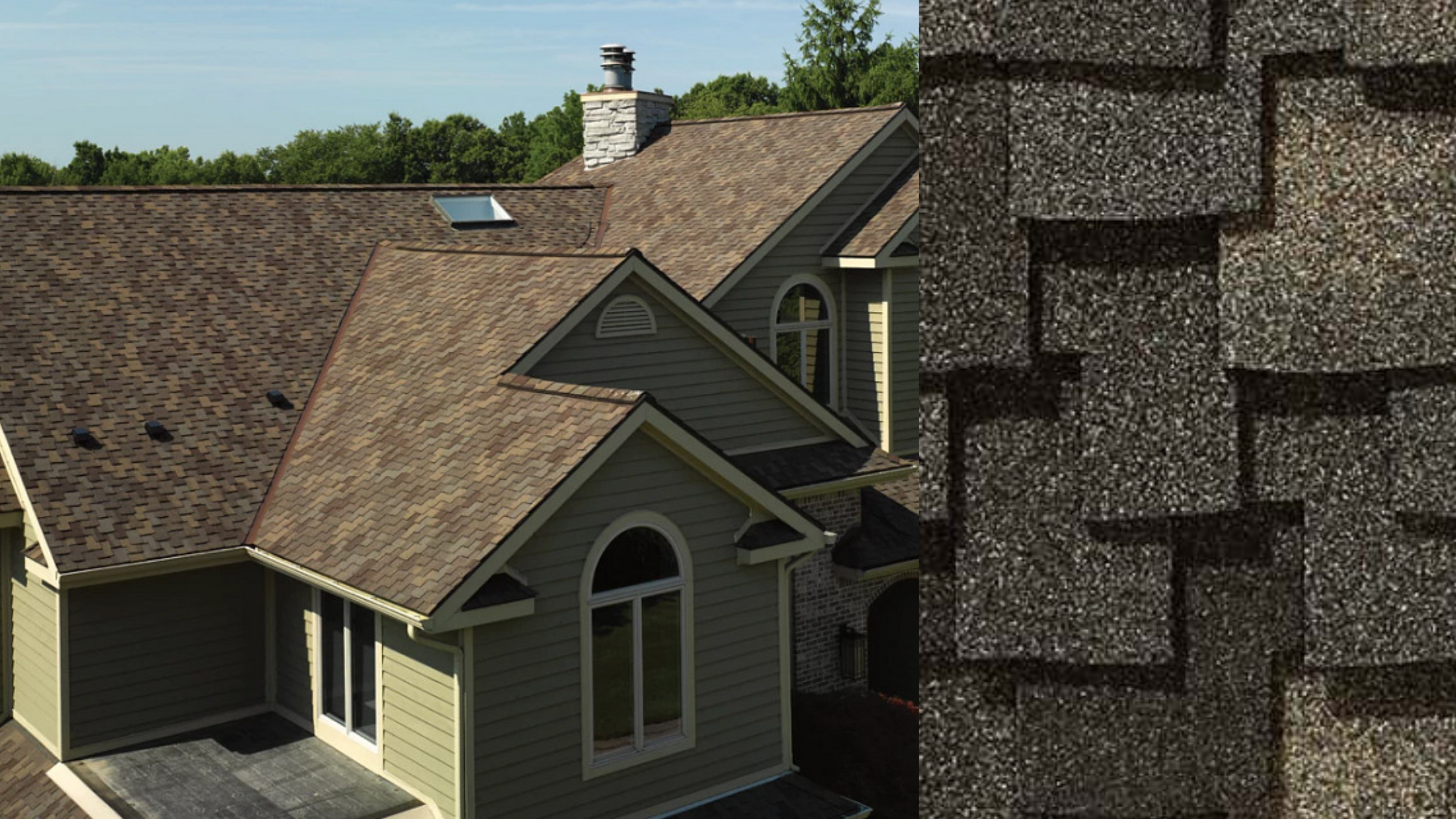 Aerial view of a house with a complex roof design, featuring multiple gables, a chimney, and a skylight. The house has light yellow siding and large arched windows. A zoomed-in section shows asphalt shingles with a textured, granular surface.