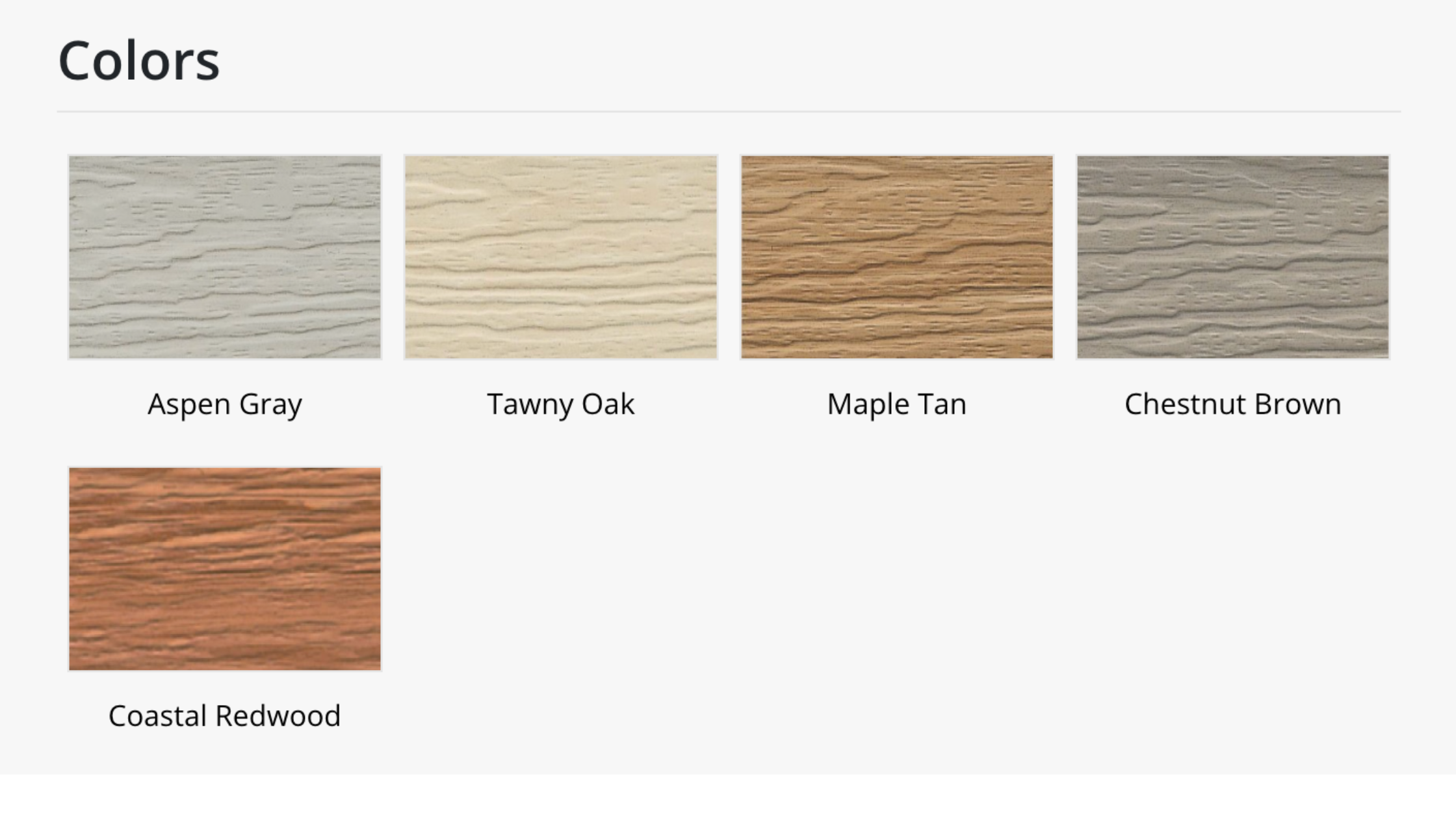 Color samples of different wood finishes, including Aspen Gray, Tawny Oak, Maple Tan, Chestnut Brown, and Coastal Redwood.