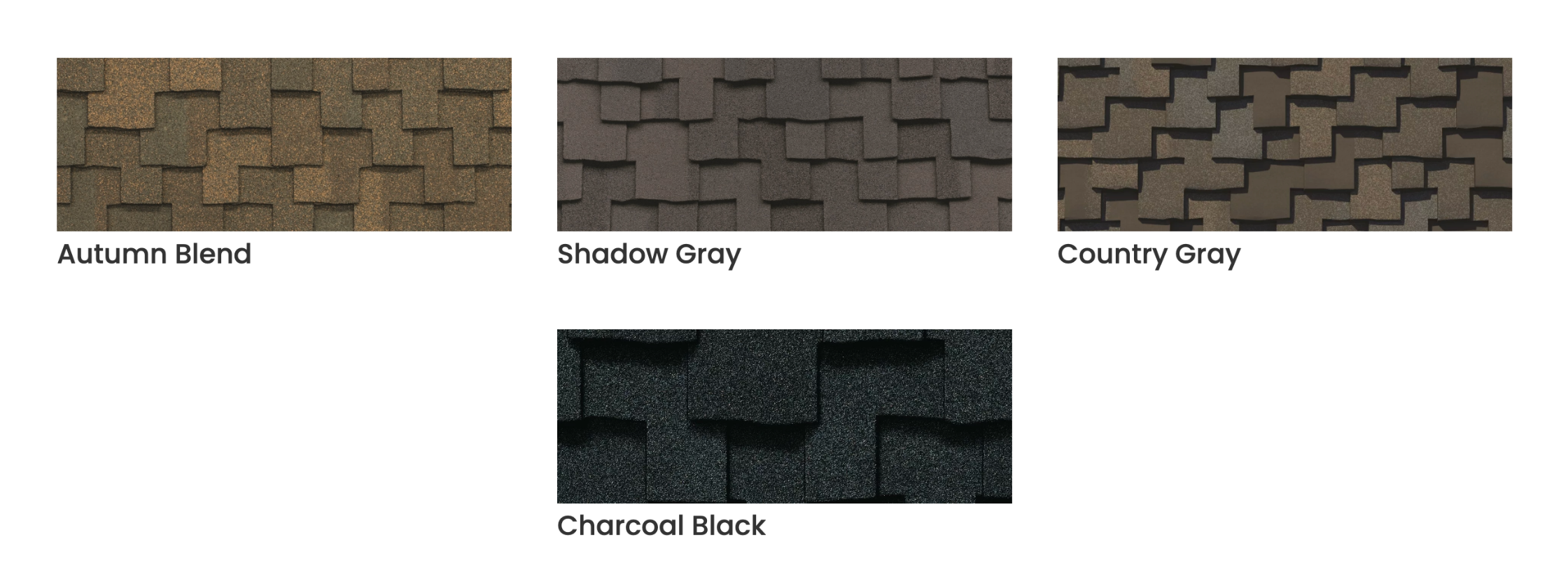 Sample of roofing shingles in four different colors and styles: Autumn Blend, Shadow Gray, Country Gray, and Charcoal Black.