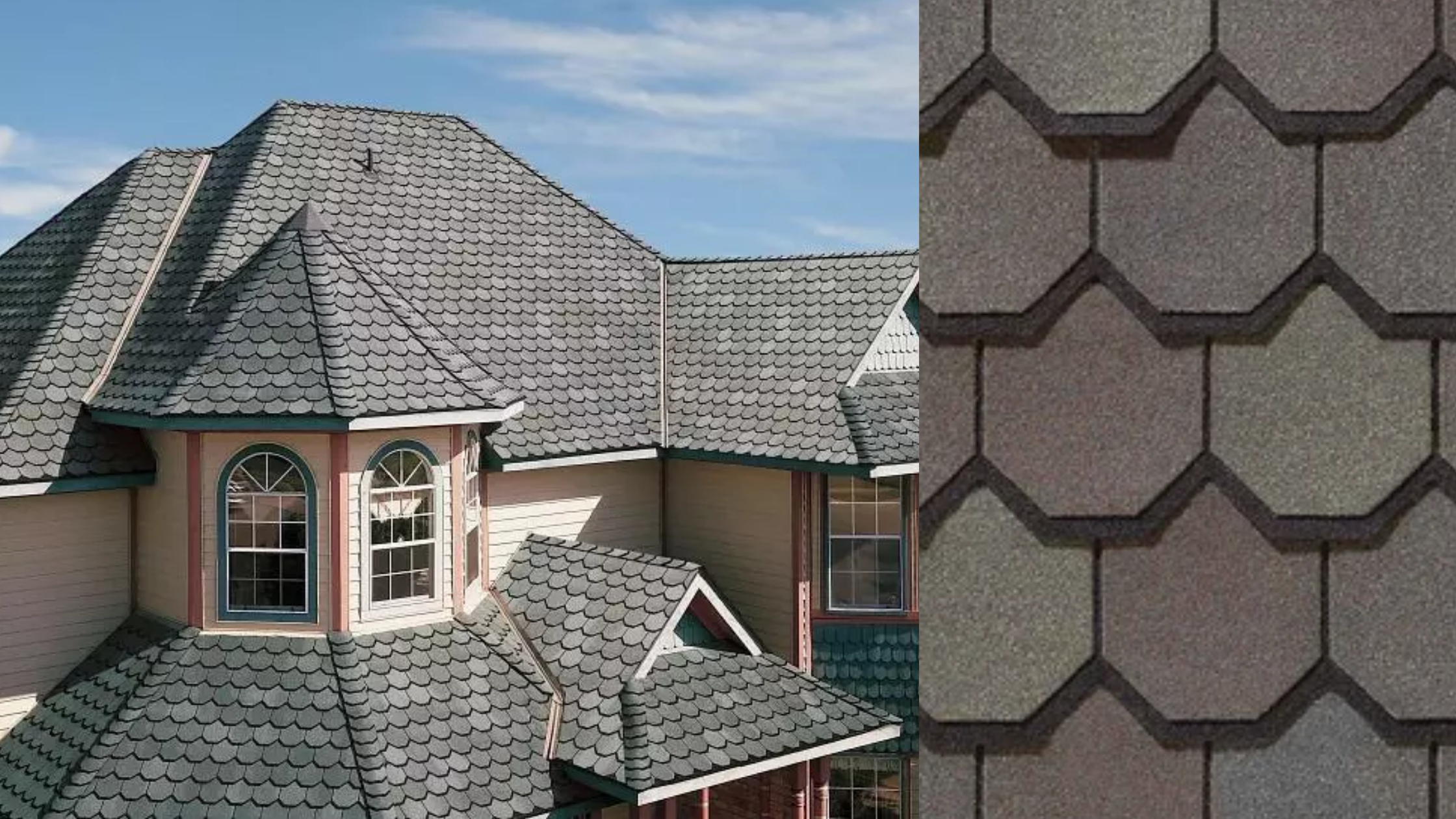 Close-up of house roof with gray shingles and a section showing a 3D perspective of the shingles pattern, with some parts of the house exterior visible including windows and siding.