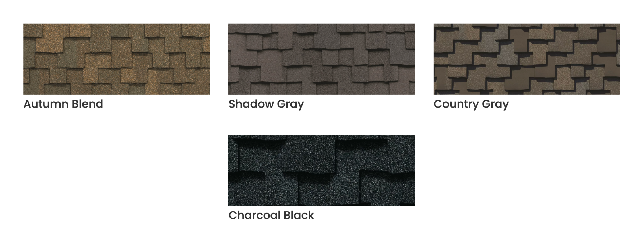 Samples of roof shingles in four colors: Autumn Blend, Shadow Gray, Country Gray, and Charcoal Black.