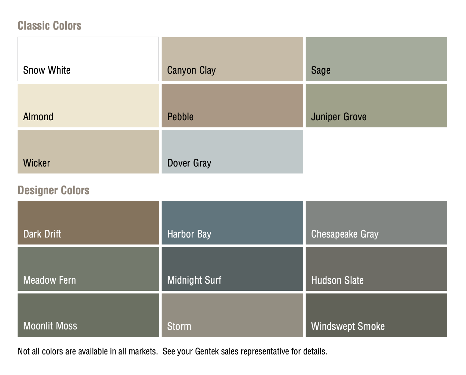 Color palette with classic and designer colors, including Snow White, Canyon Clay, Sage, Almond, Pebble, Juniper Grove, Wicker, Dover Gray, Dark Drift, Harbor Bay, Chesapeake Gray, Meadow Fern, Midnight Surf, Hudson Slate, Moonlit Moss, Storm, Windswept Smoke.