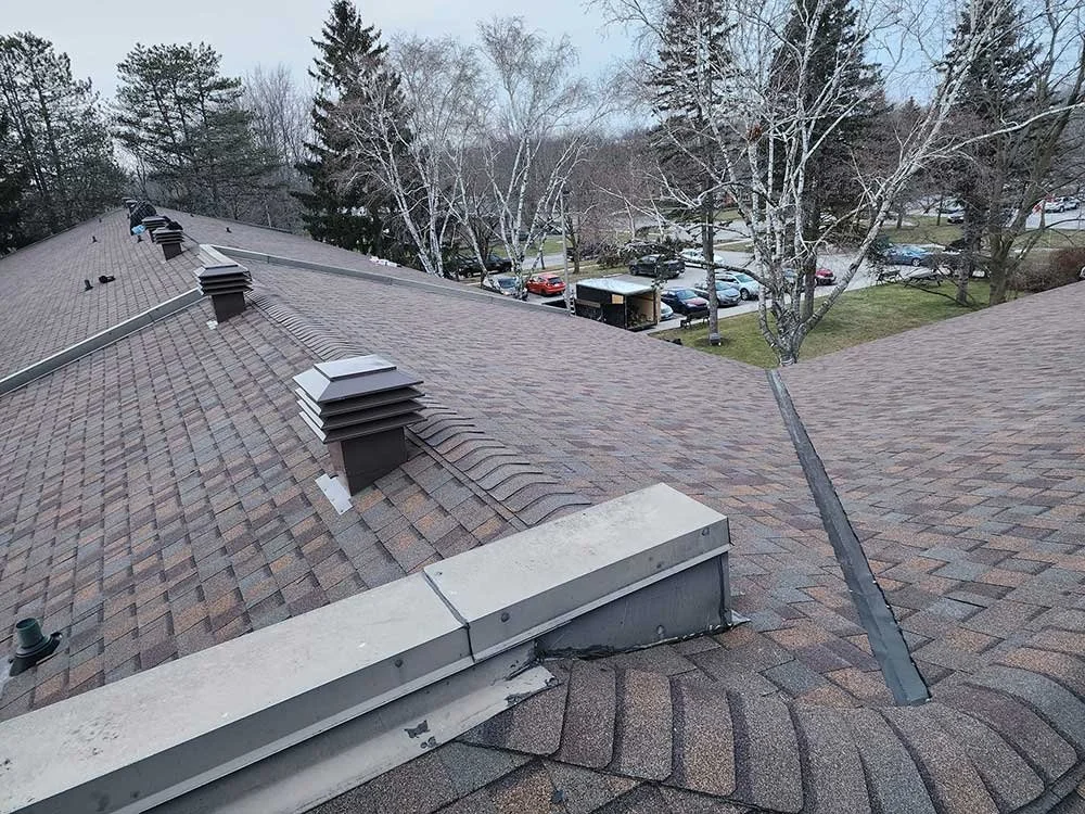 View of a residential roof with multiple vents and a chimney, surrounded by trees and a parking lot with cars.