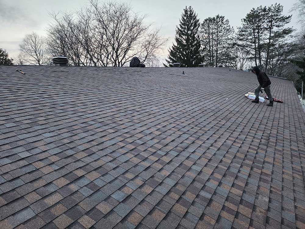 A person working on a rooftop with asphalt shingles, surrounded by trees with no leaves, during the daytime.