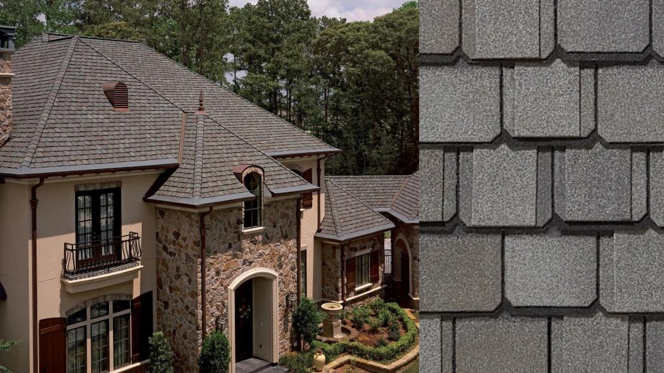 A house with a stone and stucco exterior, a decorative curved archway entrance, black window frames, a small balcony, and a shingled roof with various peaks and dormers. Beside the house is a close-up of gray asphalt shingles arranged in a square pattern.