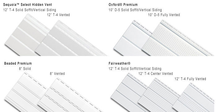 Comparison of multiple types of vertical siding panels, including Sequoia, Oxford Premium, Beaded Premium, and Fairweather, with details about sizes and venting options.