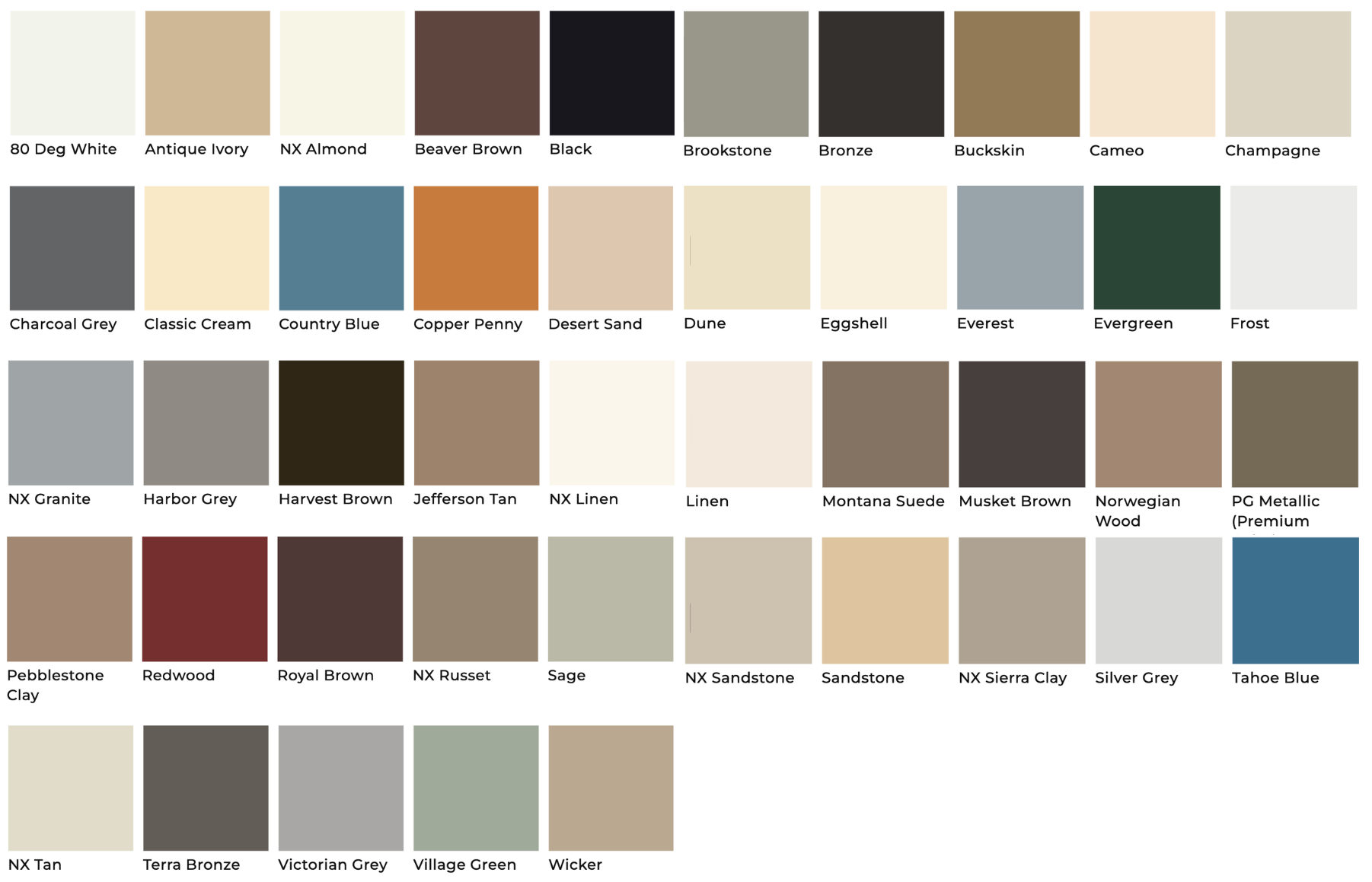 Color palette chart with various shades organized in rows and labeled with color names such as '80 Deg White', 'Antique Ivory', 'Charcoal Grey', 'Harvest Brown', 'Tahoe Blue', and 'Village Green'.