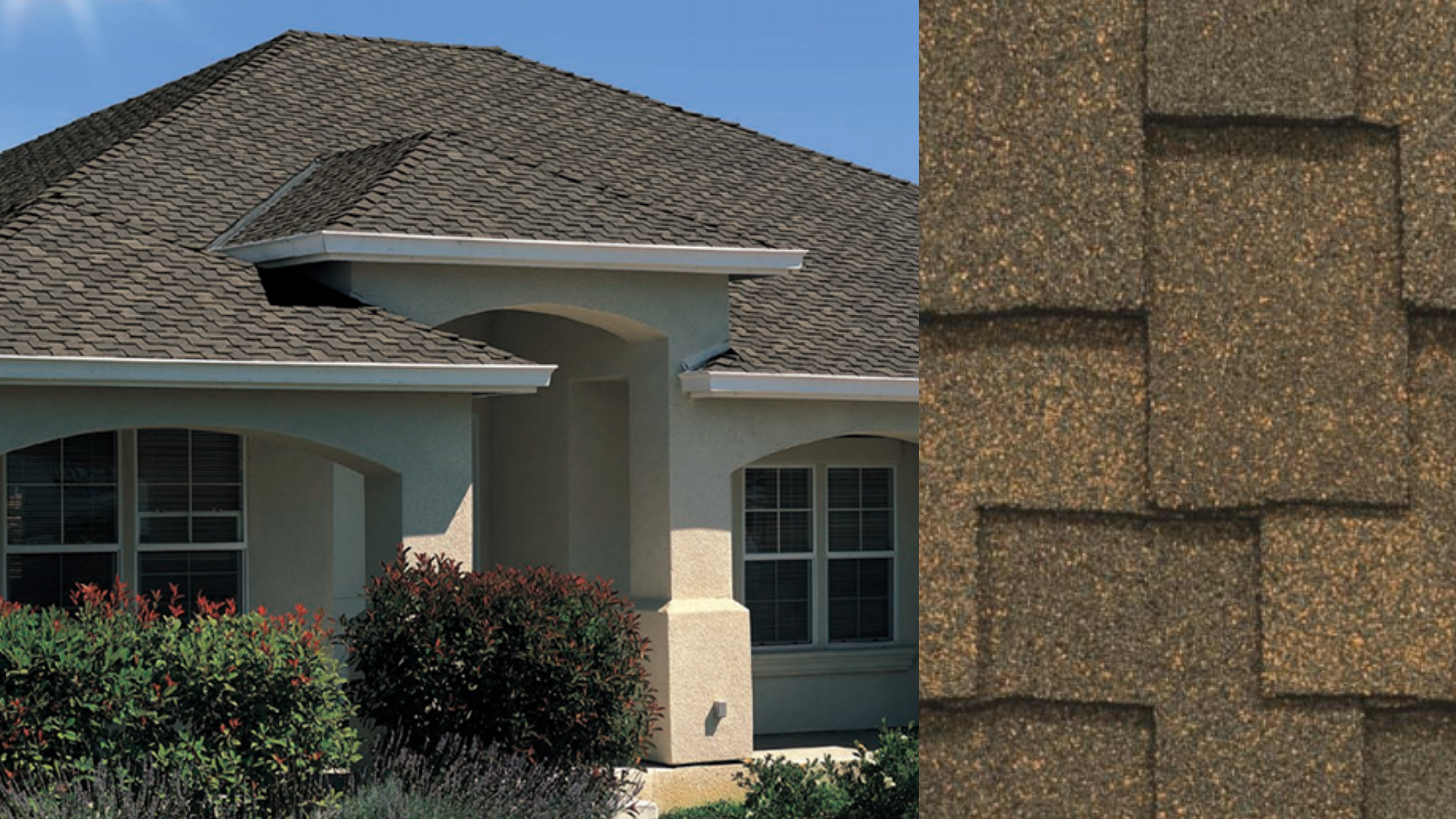 Close-up of brown asphalt shingles on a house roof, showing textured surface and overlapping pattern.
