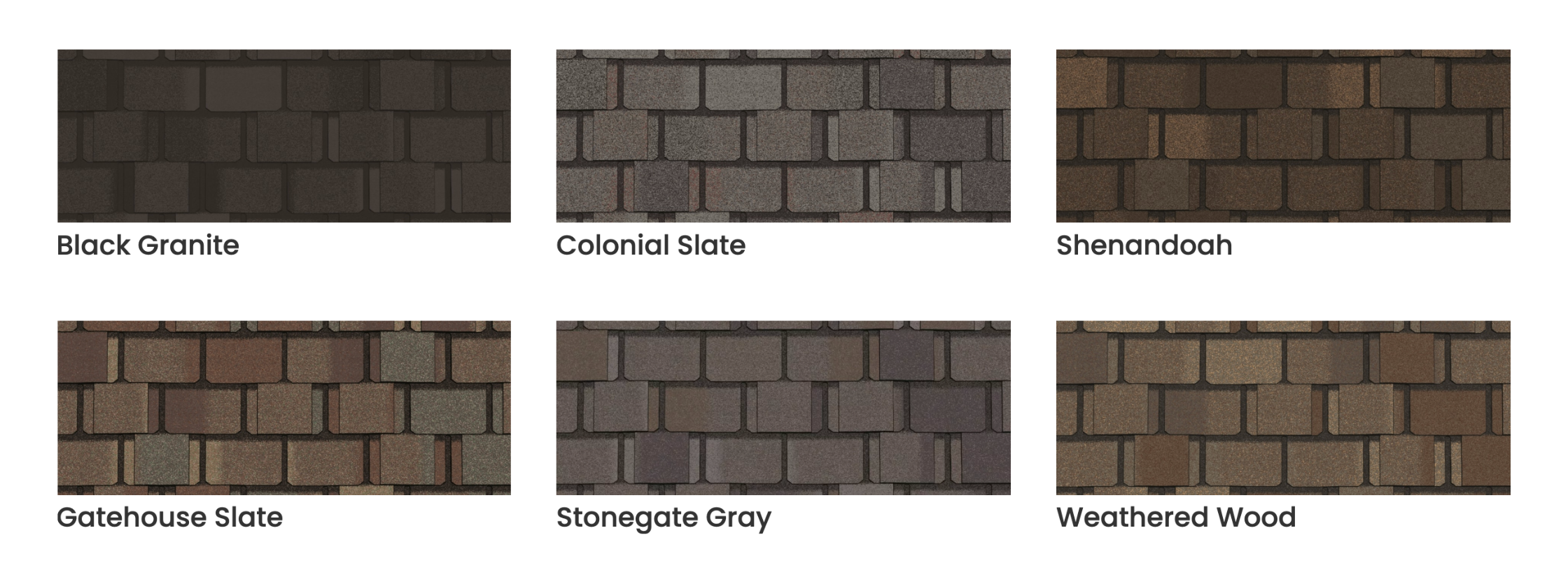 Collection of six different types of brick siding: Black Granite, Colonial Slate, Shenandoah, Gatehouse Slate, Stonegate Gray, Weathered Wood, each with textured brick patterns.