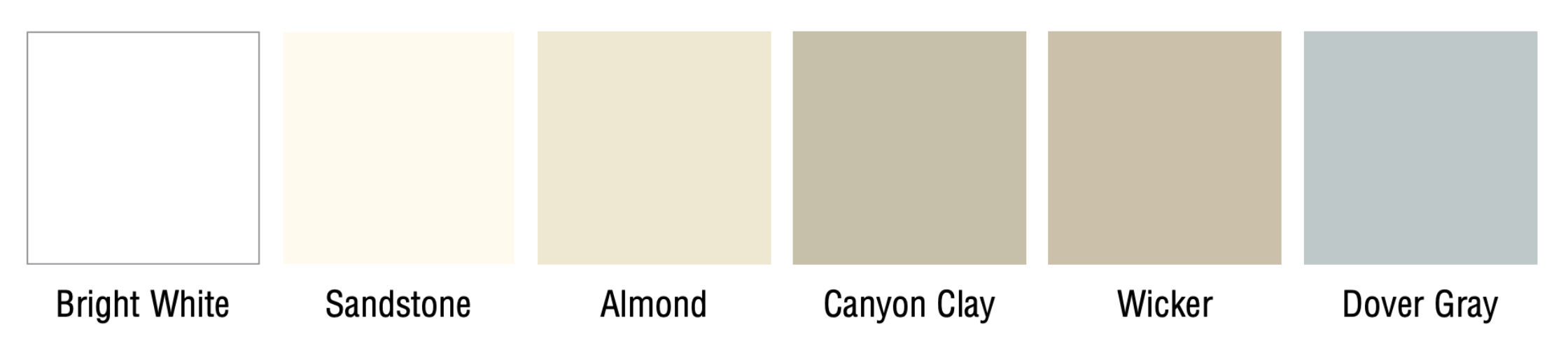 Color palette with six swatches labeled Bright White, Sandstone, Almond, Canyon Clay, Wicker, and Dover Gray.