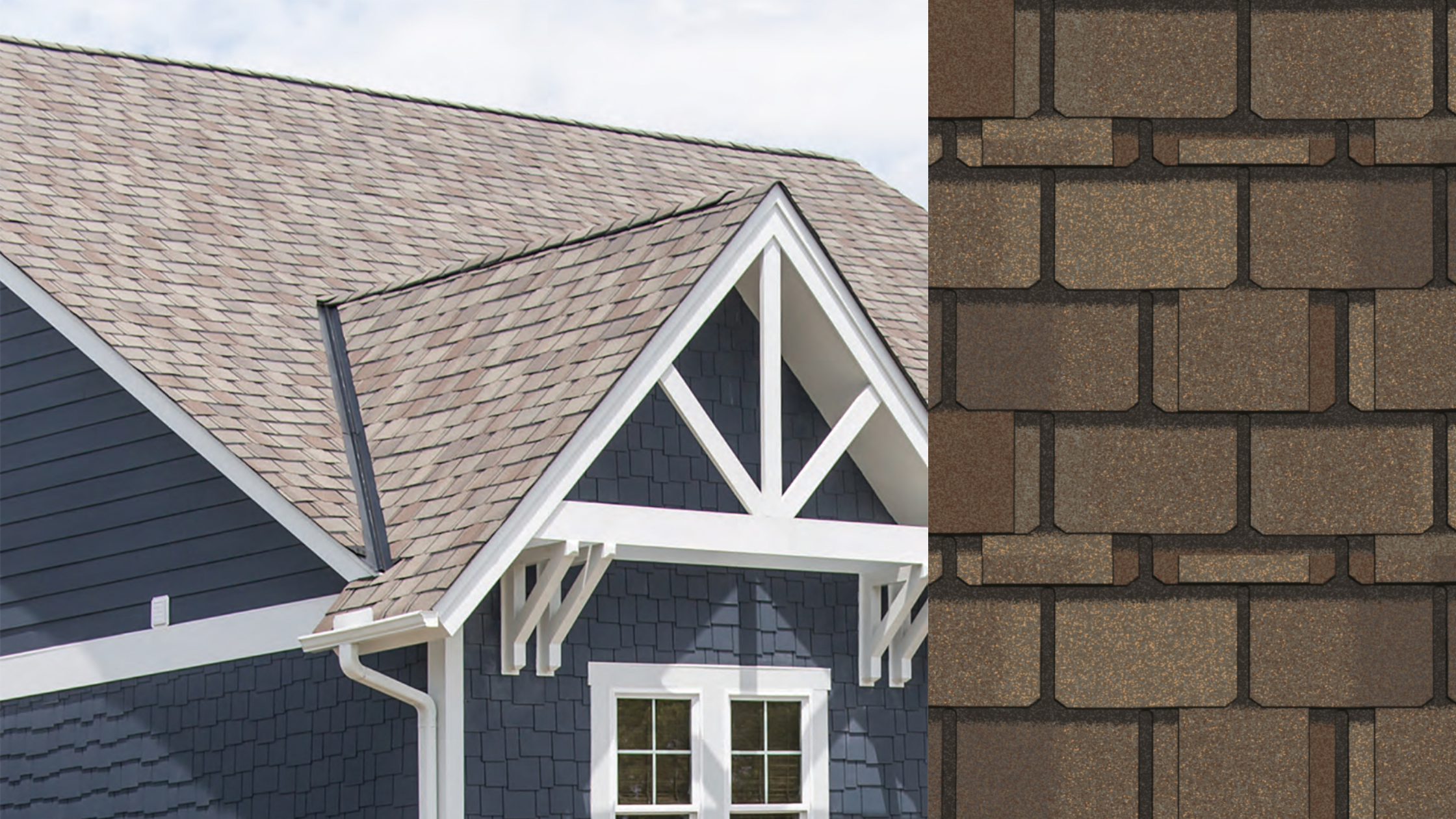 A house exterior with blue siding, white trim, a gable roof with asphalt shingles, and a close-up of brown brick shingles on the right side.