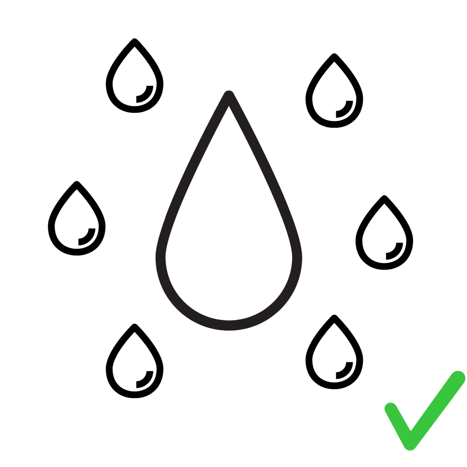 Drop of water icon with a green checkmark in the corner.