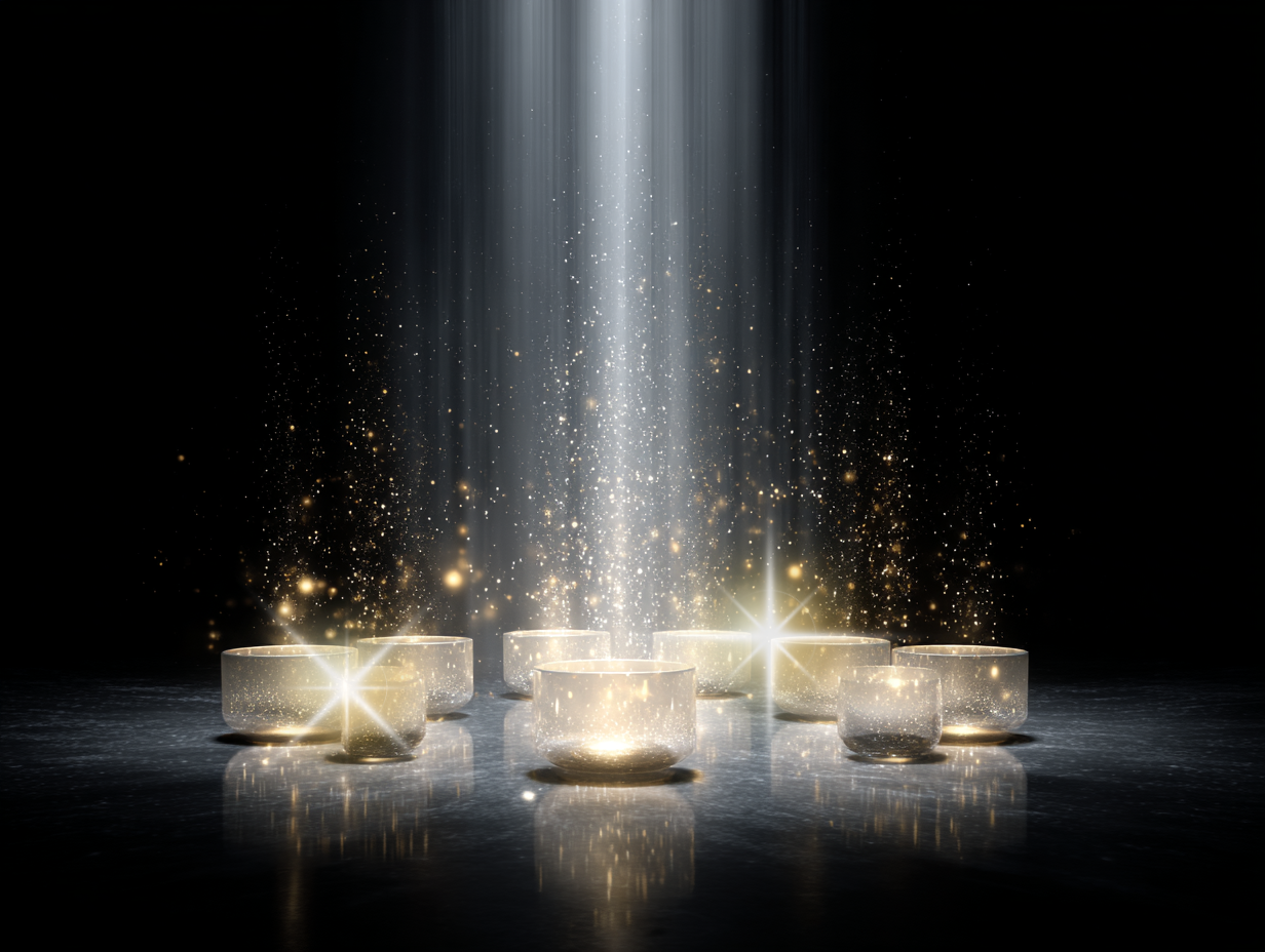 Crystal singing bowls with beams of light shining on them.