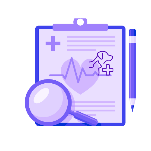 Veterinary health report with a magnifying glass, a dog illustration, a heart with a pulse line, and medical symbols.