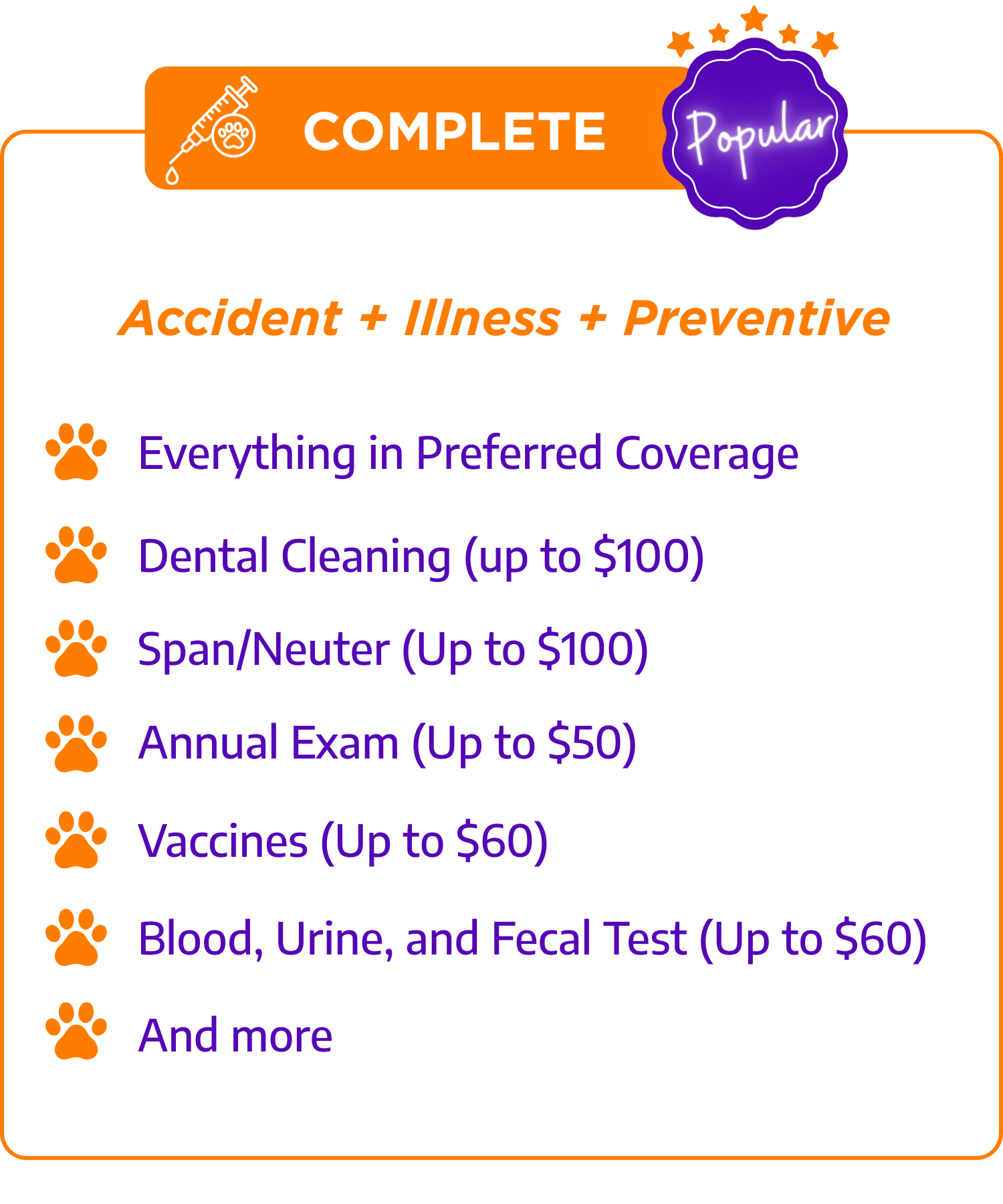 A promotional flyer for complete pet insurance, highlighting accident, illness, and preventive coverage, with claims such as dental cleaning, span/neuter, annual exam, vaccines, blood, urine, and fecal tests, and more, with purple and orange color accents.