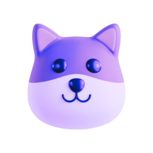 A digital illustration of a cute dog face with a purple and white color scheme and cartoonish features.