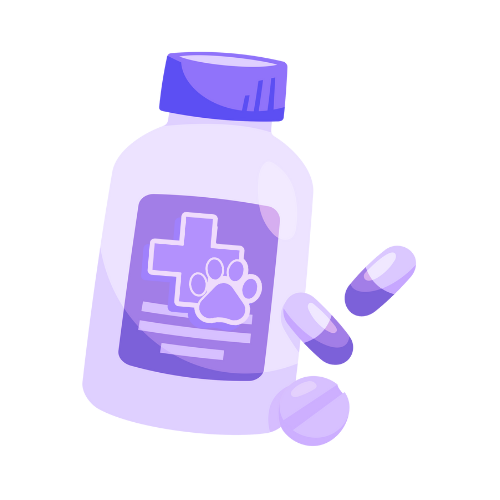 Illustration of a bottle of pet medication with a paw print on the label, surrounded by capsules.
