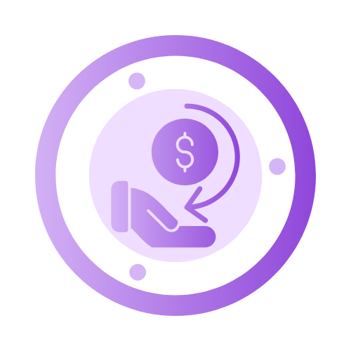 A purple icon depicting a hand holding a coin, with a dollar sign and an arrow circling around it, representing money transfer or financial transaction.
