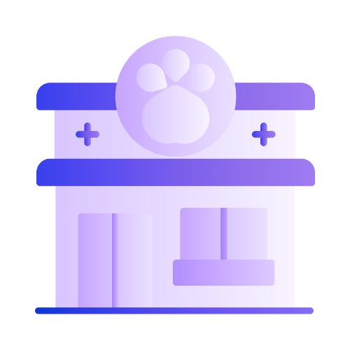 Illustration of a pet grooming or veterinary clinic with a paw print sign on the building.