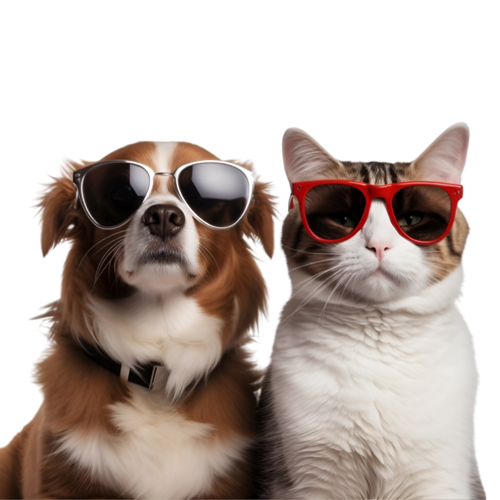 A dog and a cat wearing sunglasses, with the dog in black sunglasses and the cat in red sunglasses, against a black background.