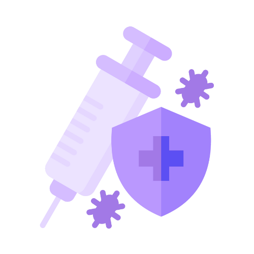 A medical illustration featuring a syringe, a shield with a medical cross, and small cross symbols.