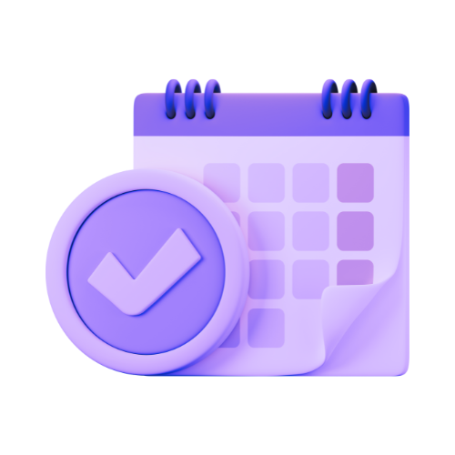 Illustration of a calendar with a checkmark badge in purple tones.