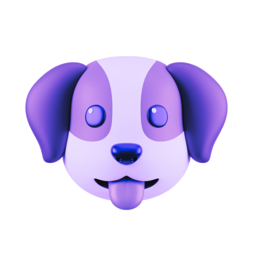 Cartoon dog face with purple ears, a white face, and a playful expression with tongue out.
