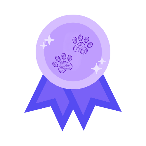 An illustration of a purple award ribbon with paw prints and sparkles, representing a pet achievement or recognition.