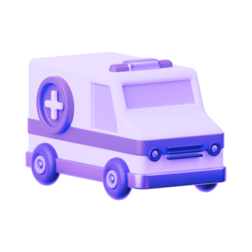 A stylized, purple and white cartoon ambulance vehicle.