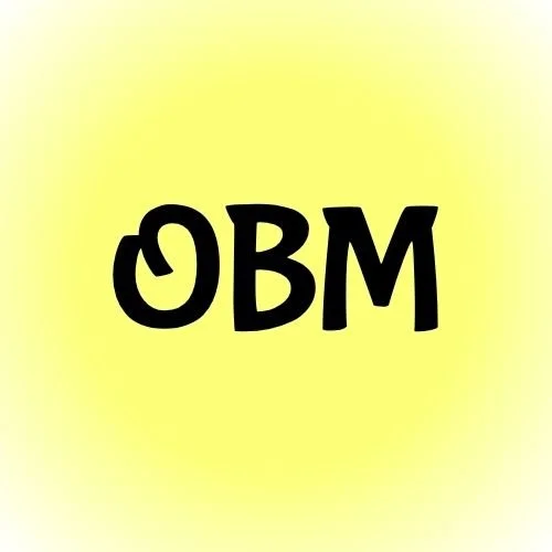 Yellow circle with black text that reads, "OBM"