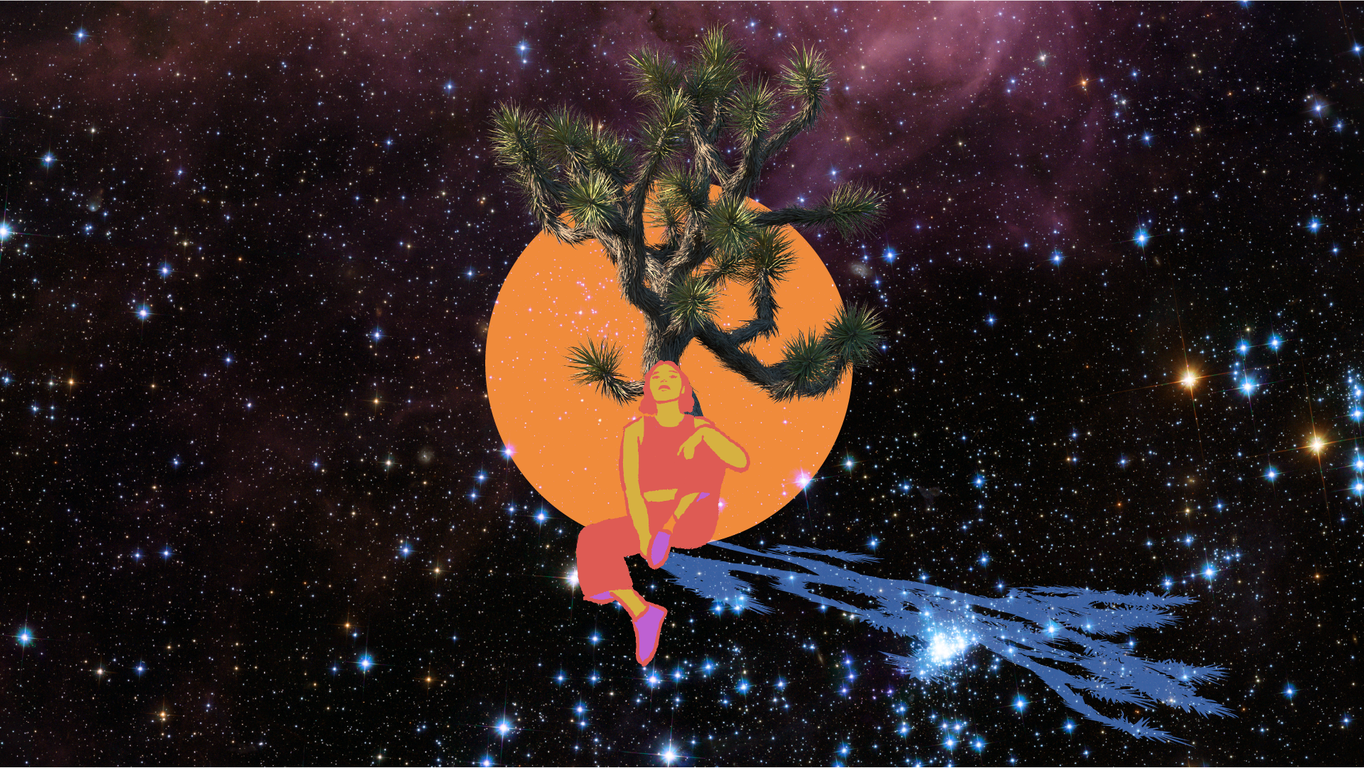 An image of a woman sitting under a yucca tree, with a sun behind her. She's sitting somewhere amongst the stars. 